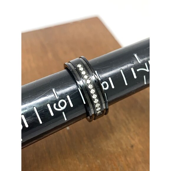Men's Wedding Band Black Stainless Steel Diamond 7mm Wide Ring Size 8.25 - Picture 9 of 13